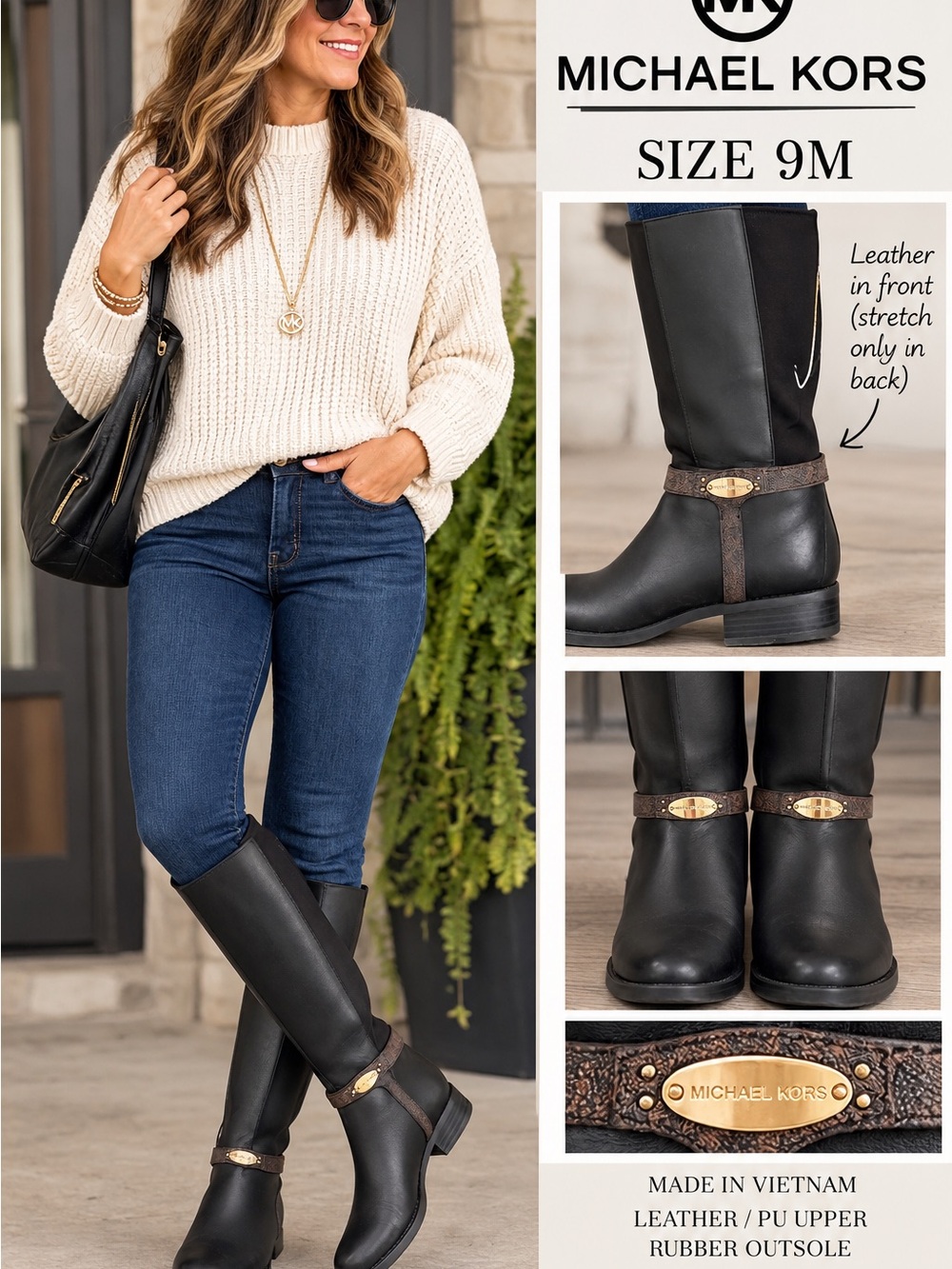 Michael Kors Black & Brown Logo Harness Tall Riding Boots